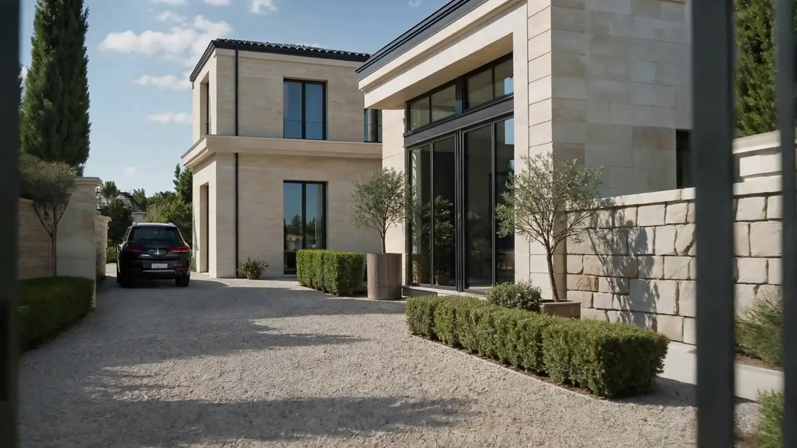 Maison en pierre blonde et son allée, en Gironde