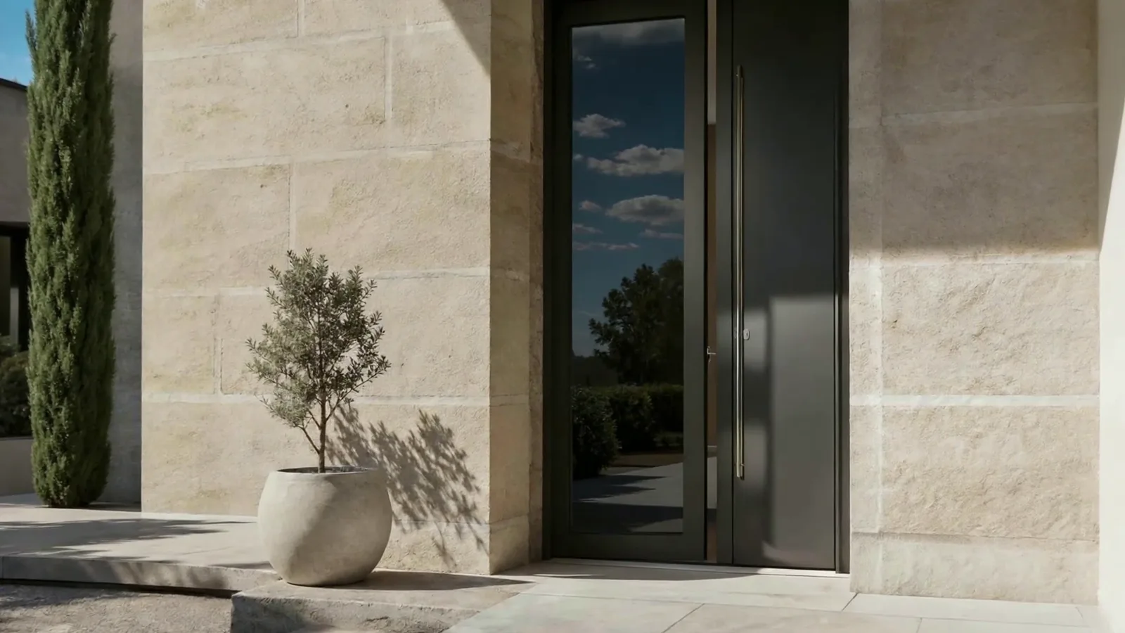 Porte d’entrée en aluminium sombre avec panneau vitré pleine hauteur, dans une façade en pierre