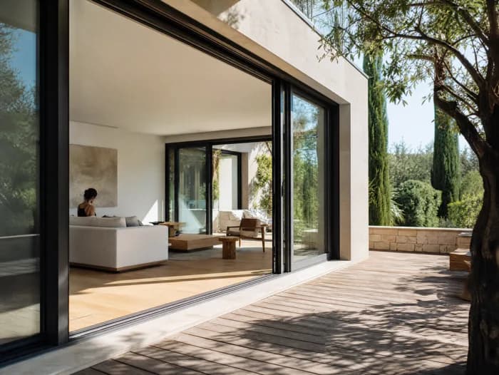 Baie coulissante en aluminium ouverte sur une terrasse en bois