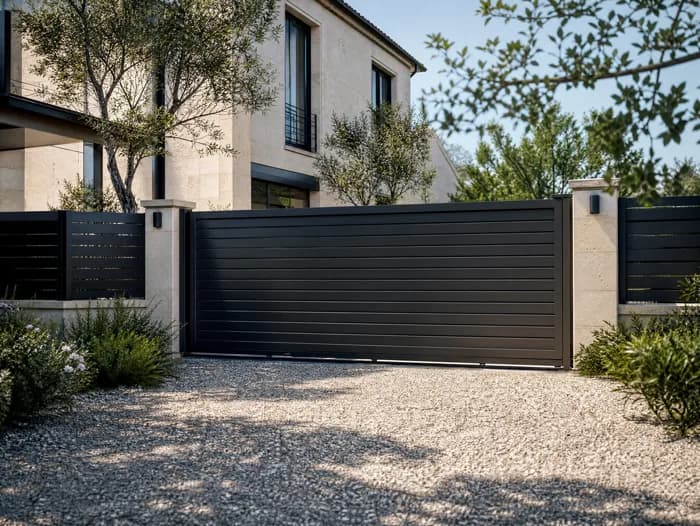 Portail coulissant en aluminium à lames horizontales devant une maison en pierre