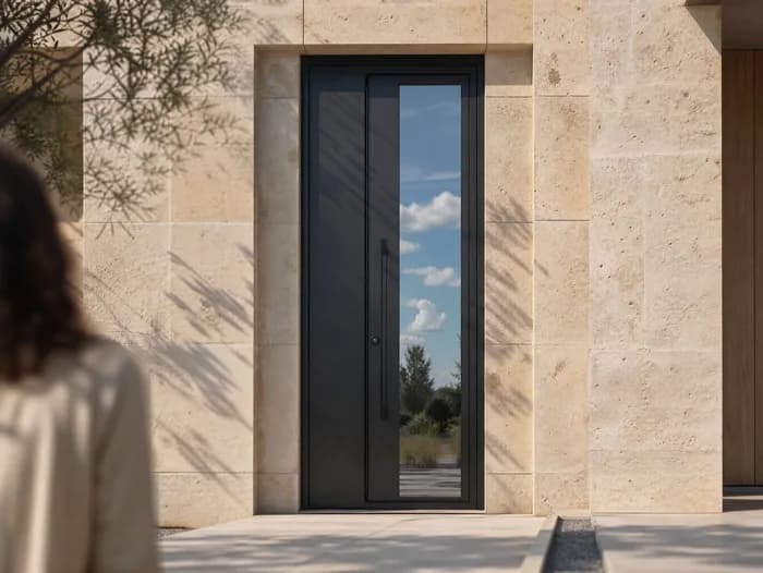 Porte d’entrée en aluminium sombre avec panneau vitré pleine hauteur, dans une façade en pierre